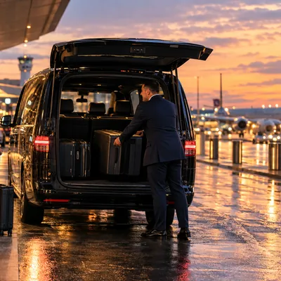 Chauffeur loading suitcases into a black van at an airport kerb