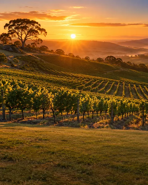 Vineyard rows on rolling hills at sunset