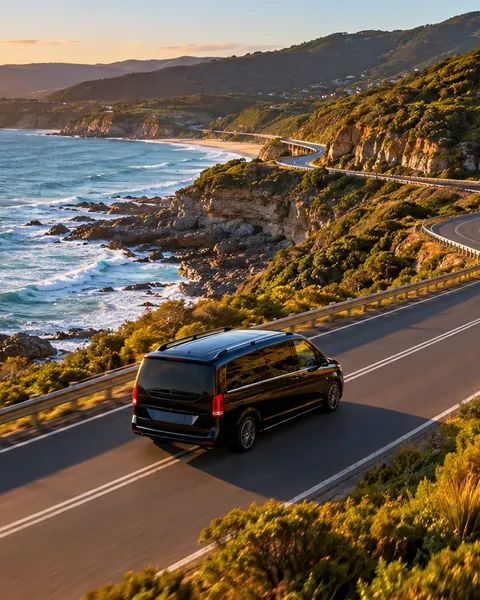 A black van driving a winding coastal road at sunset