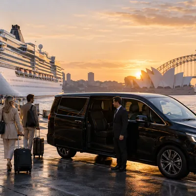 Driver holding the door of a black van beside a docked cruise ship in Sydney