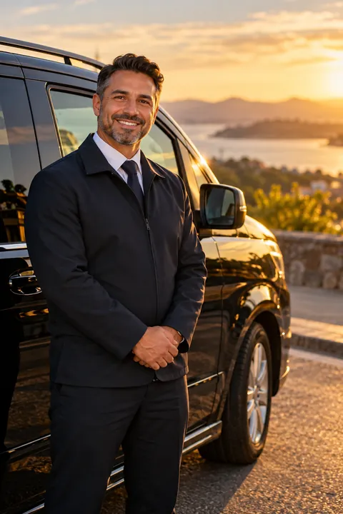 Smiling chauffeur in a dark uniform beside a black van at sunset