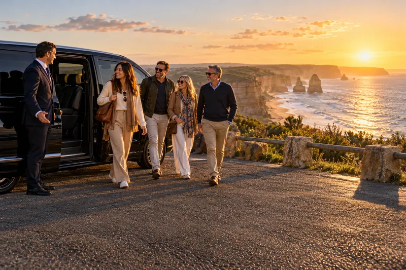 A small group of travellers walking from a black van to a clifftop ocean lookout at sunset