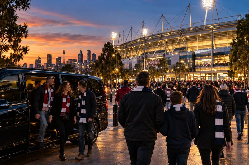 Fans in scarves arriving by van and walking toward a floodlit stadium at dusk