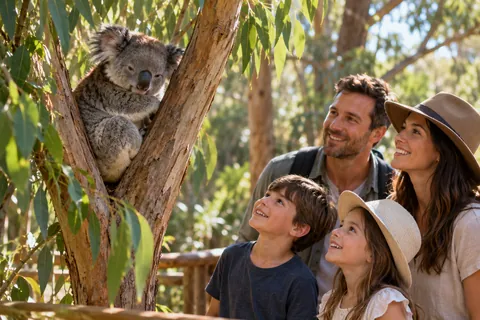 A family smiling up at a koala resting in a gum tree