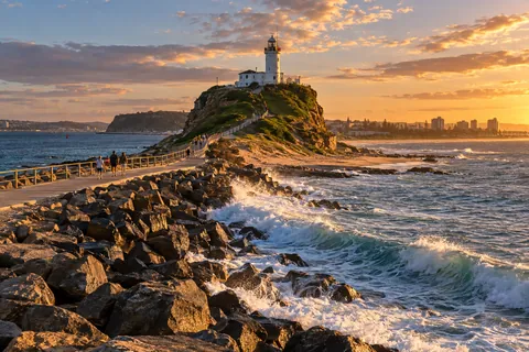 A lighthouse on a grassy headland above a rocky breakwall at sunset
